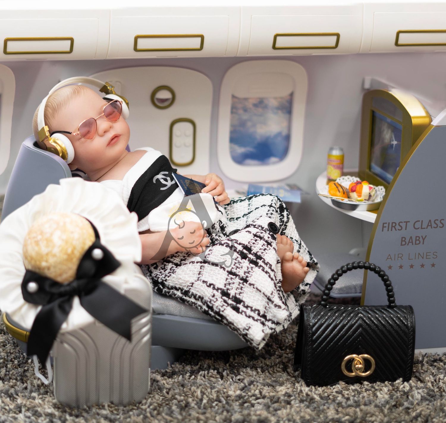 Luxury travel photo with designer bags, first class seat, and fashionable accessories on grey carpet.