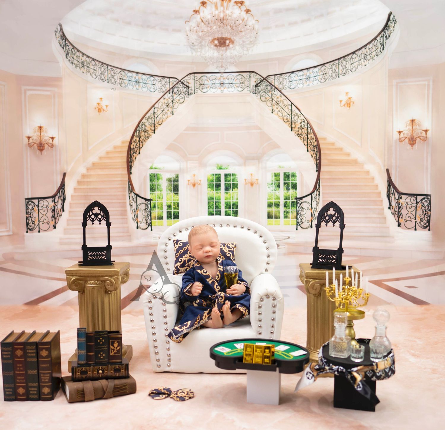 Luxury mansion interior setup with grand staircase and elegant furniture for photography.