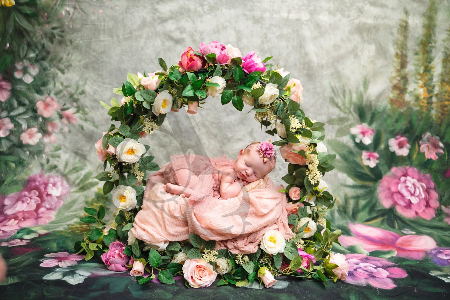 Newborn Posing in Floral green Background