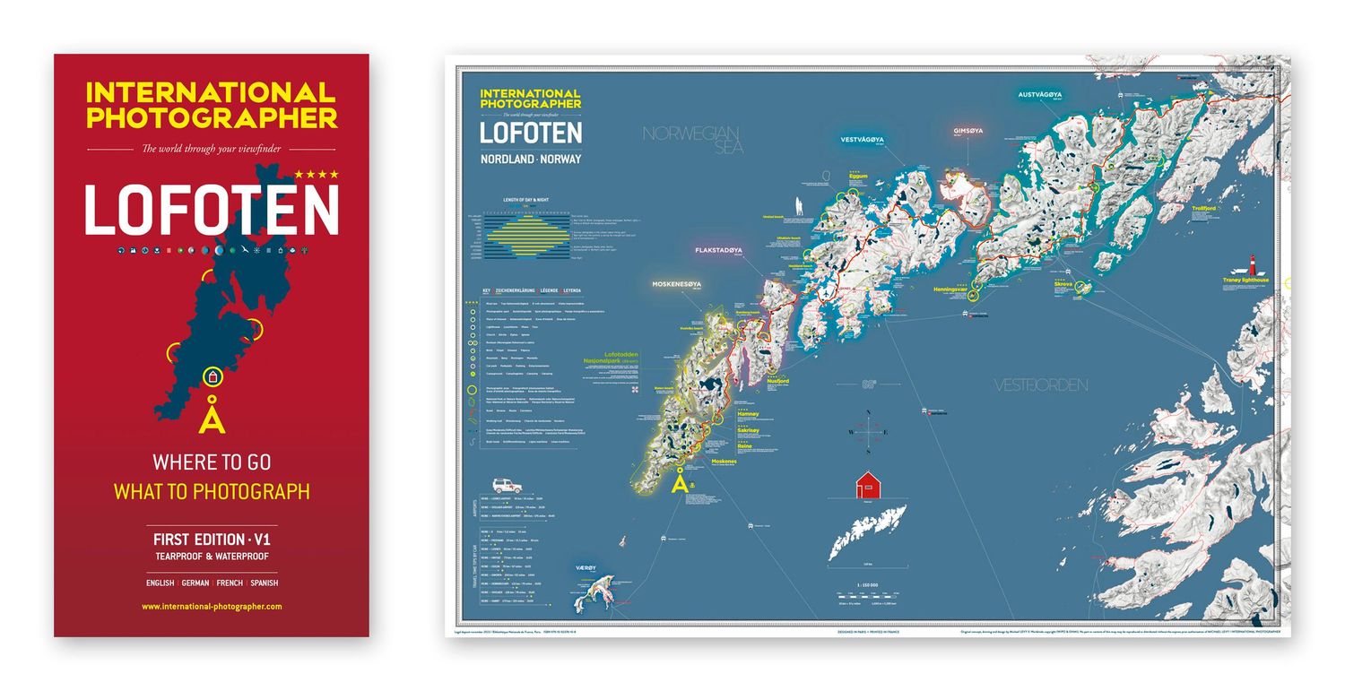 A red travel guide book cover and detailed topographical map of Norway's Lofoten archipelago islands.