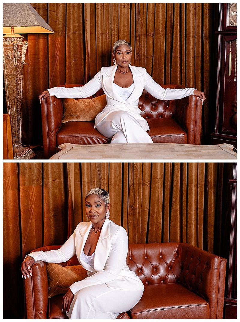 Fort Lauderdale studio photo session with women sitting in brown couch.