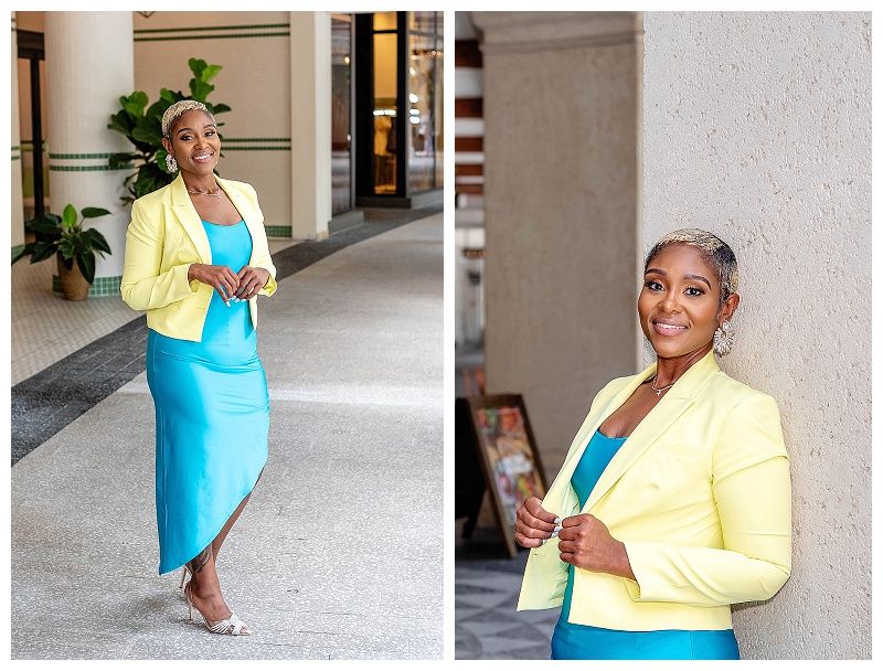 Personal branding outdoor photoshoot featuring a woman in a blue dress and yellow blazer in West Palm Beach, Florida.