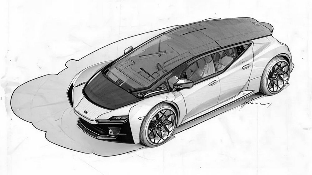 A sleek concept car sketch showing a futuristic sports vehicle with angular lines and large wheels in black and white rendering.