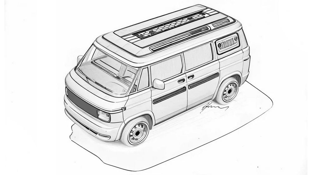 Hand drawn sketch of a modern camper van or minibus with a rooftop extension, shown in a simple outline style.