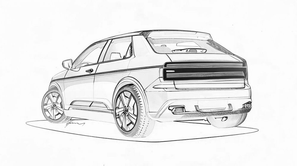 Hand-drawn sketch of a sporty hatchback car from rear three-quarter view showing aggressive styling and aftermarket wheels.