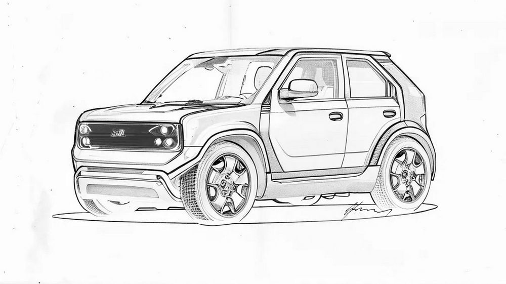Hand-drawn pencil sketch of a compact SUV or crossover vehicle with large wheels and bold front grille design.