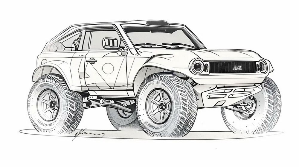 Black and white pencil sketch of a modified off-road hatchback car with lifted suspension and oversized tires.