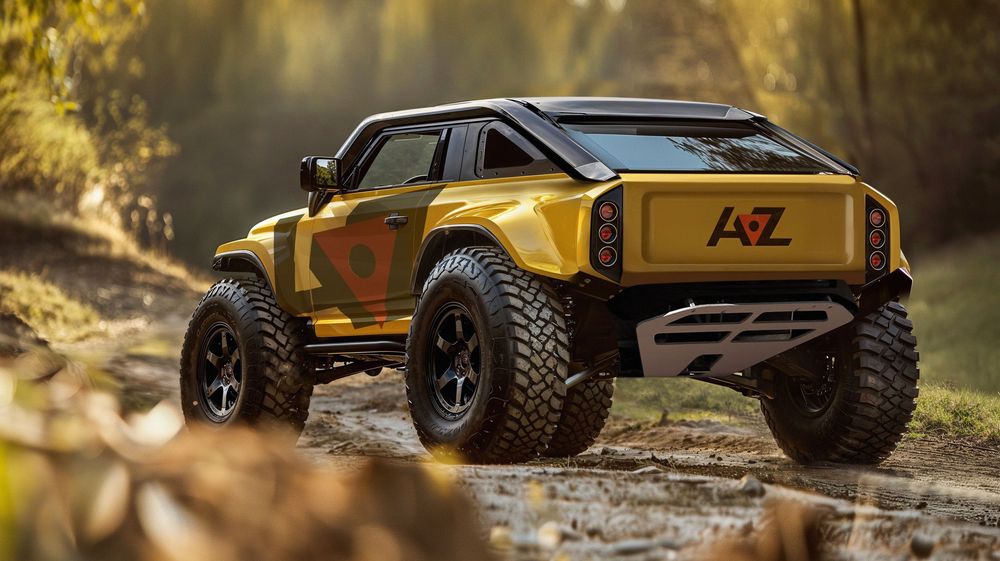 Custom yellow off-road truck with lifted suspension and oversized tires driving on rocky terrain with blurred forest background.