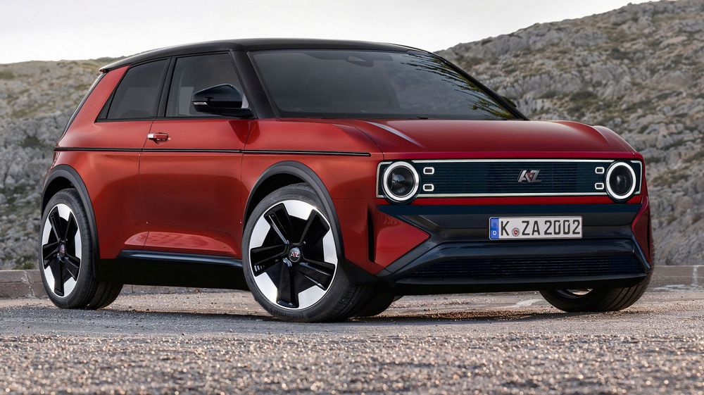 Modern red Hyundai Ioniq 5 electric vehicle parked on a mountain road with angular design and large star-shaped wheels.