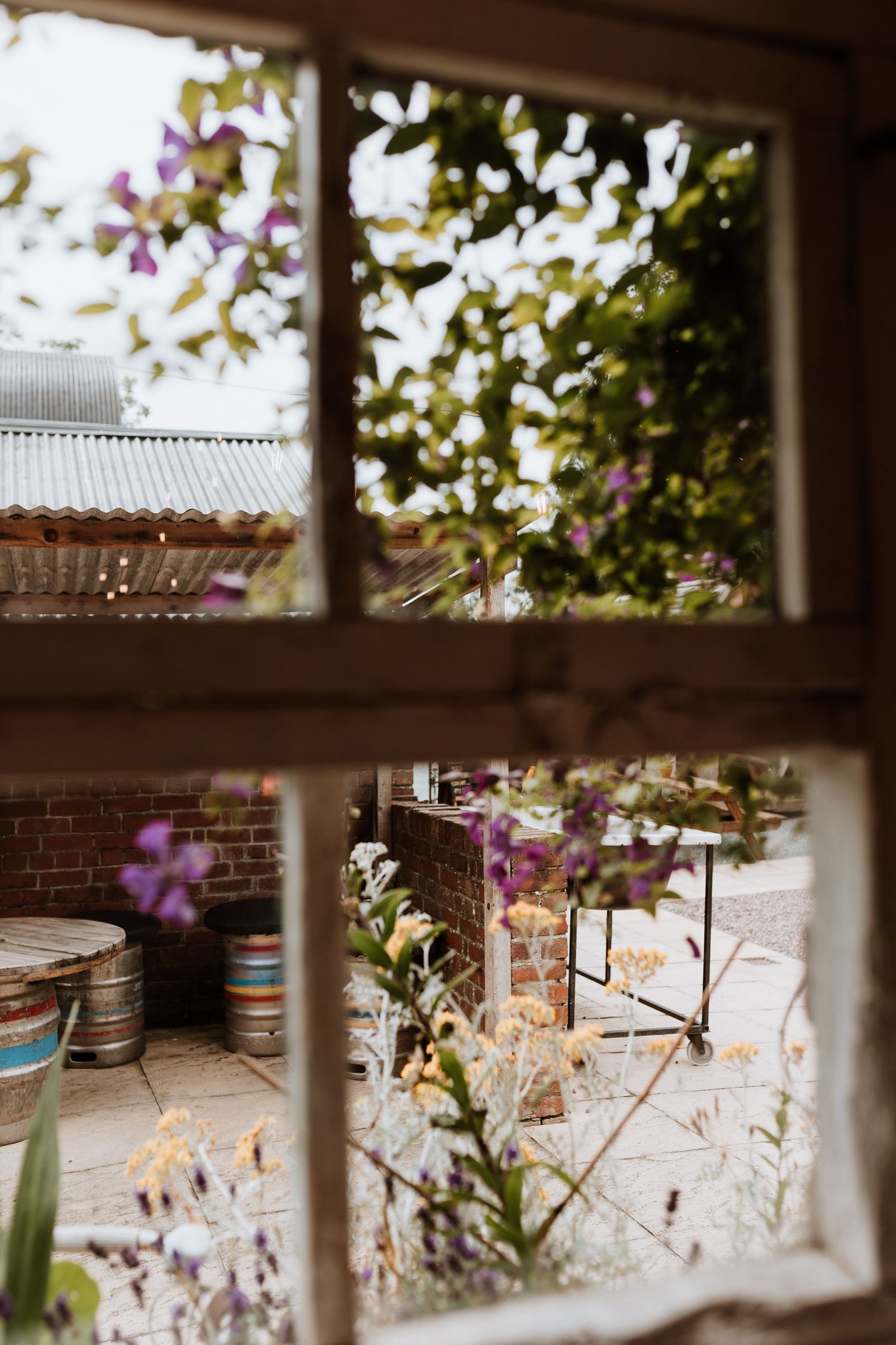 Looking through a window pane at purple flowers and garden decor in a backyard setting with soft bokeh effect.