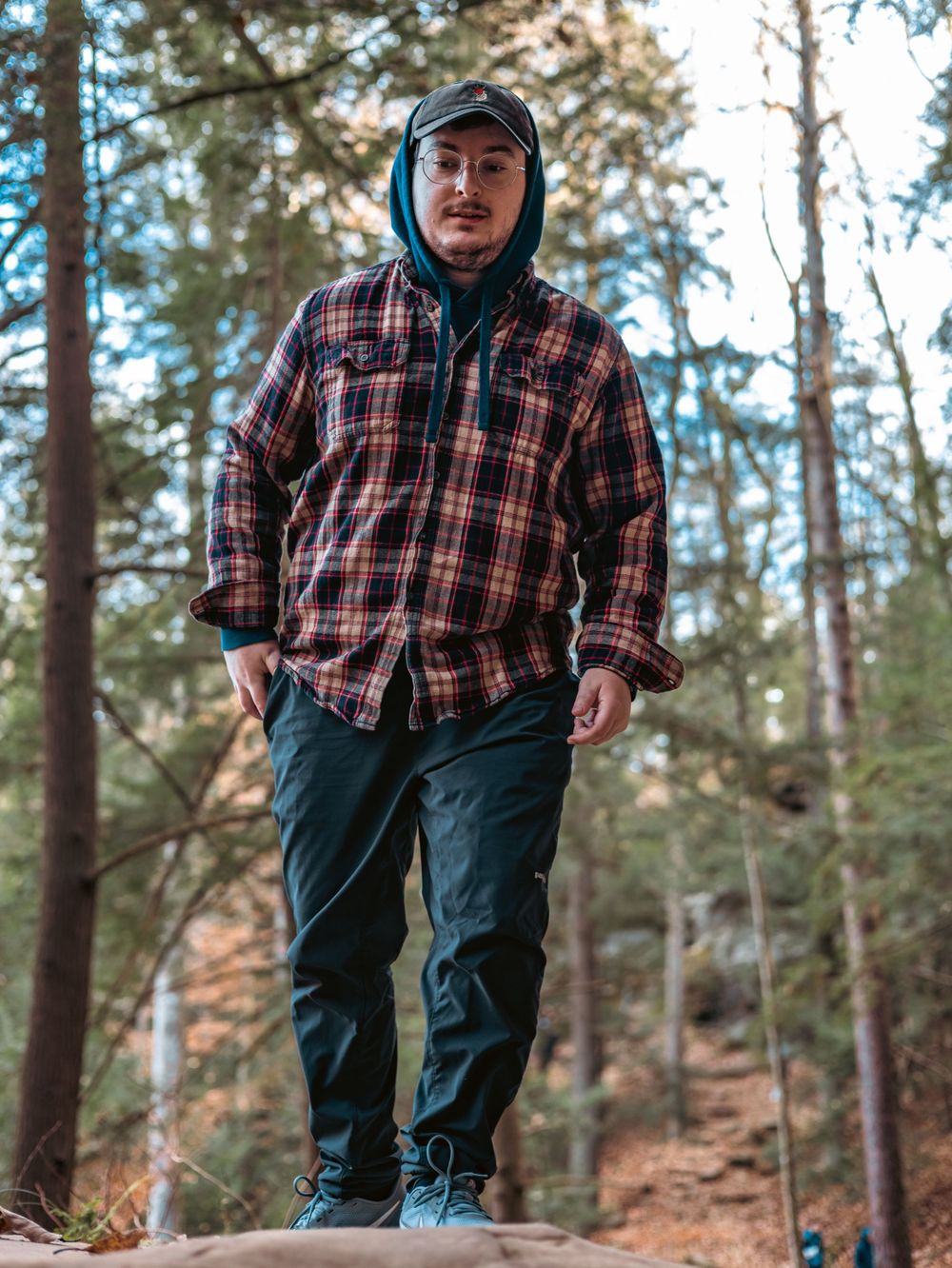 Hiker in plaid flannel and hoodie standing on forest trail surrounded by pine trees.