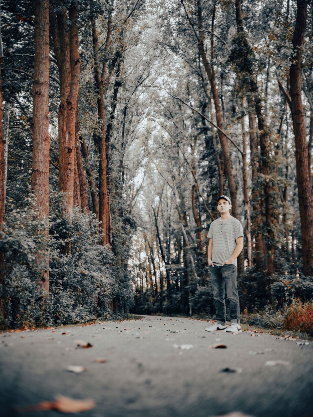 Atmospheric portrait on woodland path with tall trees creating natural tunnel effect.