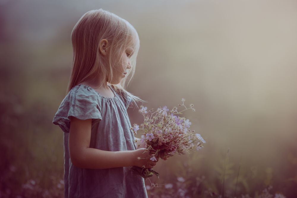 A small child in a light blue dress holds a bouquet of delicate wildflowers at sunset in a dreamy summer meadow.