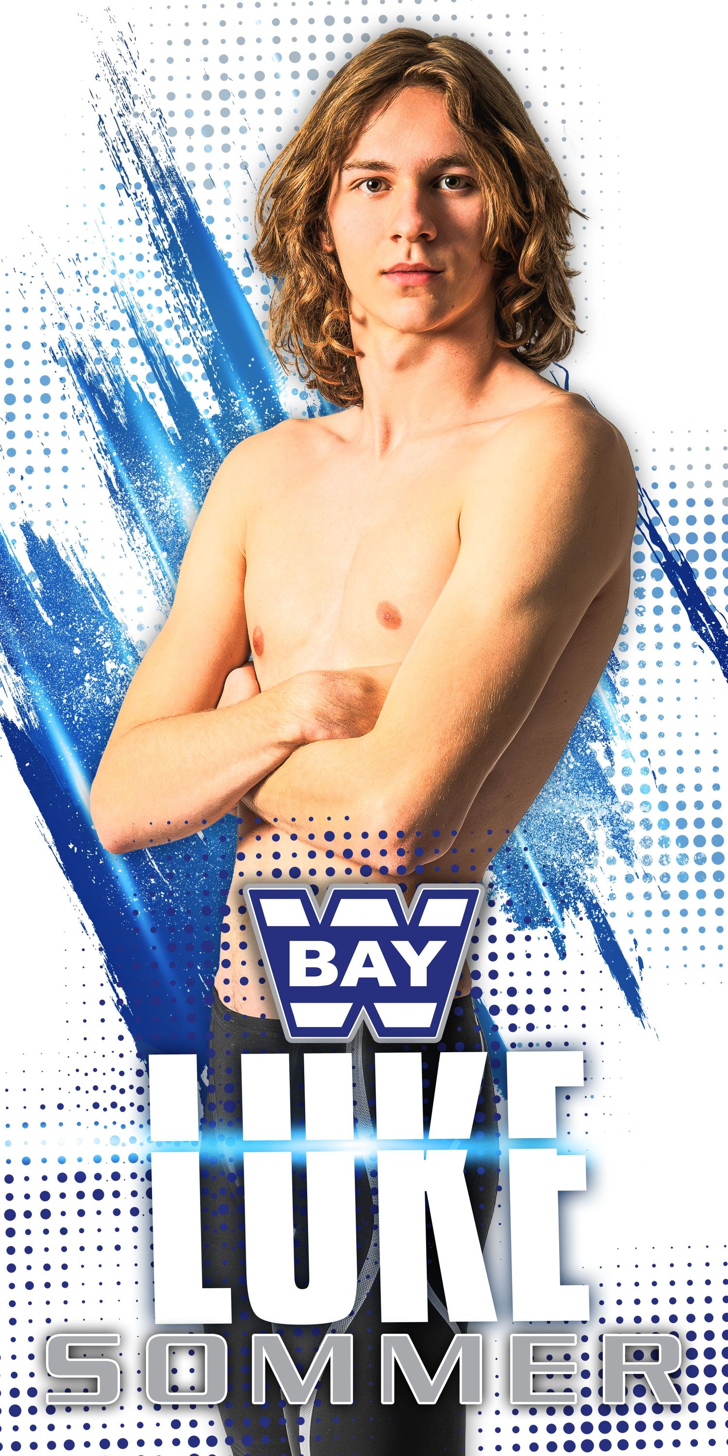 Athletic figure poses shirtless against white background with blue paint splashes and Bay Luke Summer text overlay.