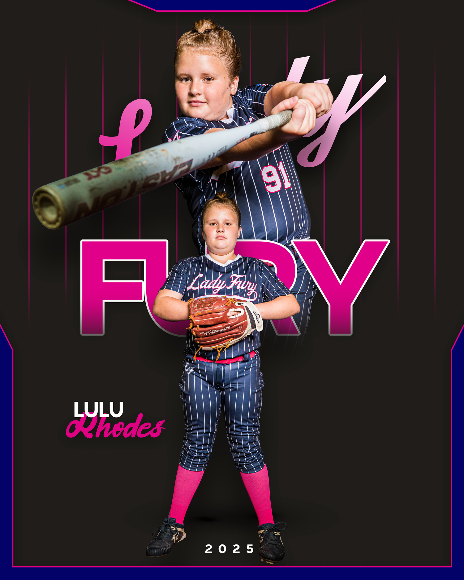 Youth softball player poses with bat and glove in navy pinstriped uniform with pink text overlay.