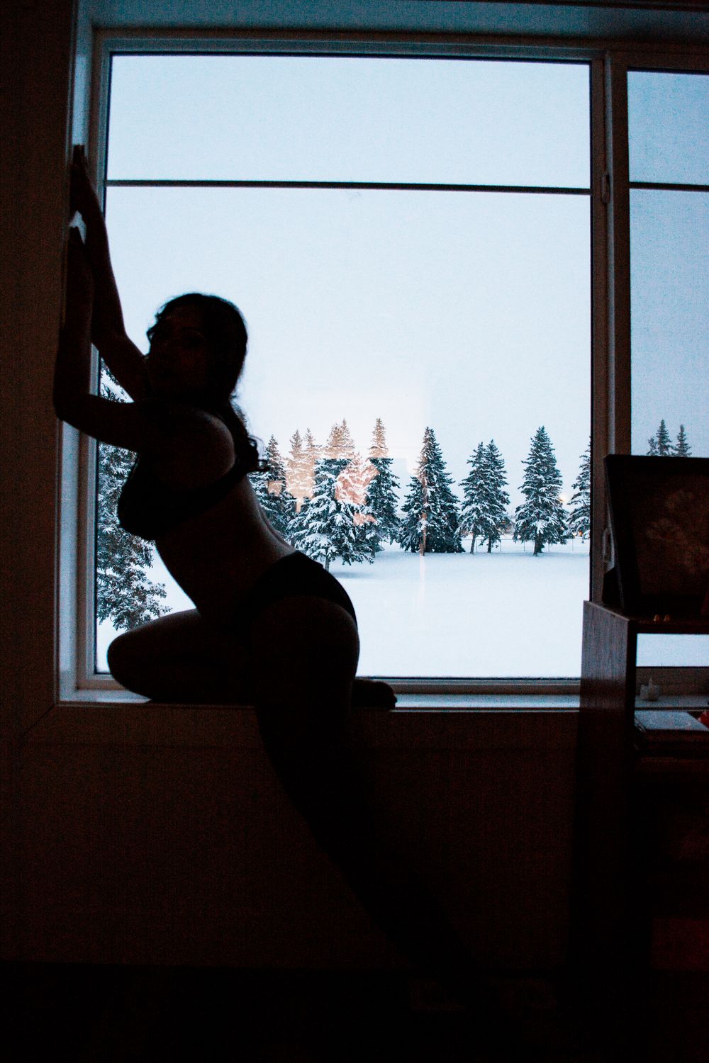 Silhouetted pose against window with snow-covered pine trees in background.