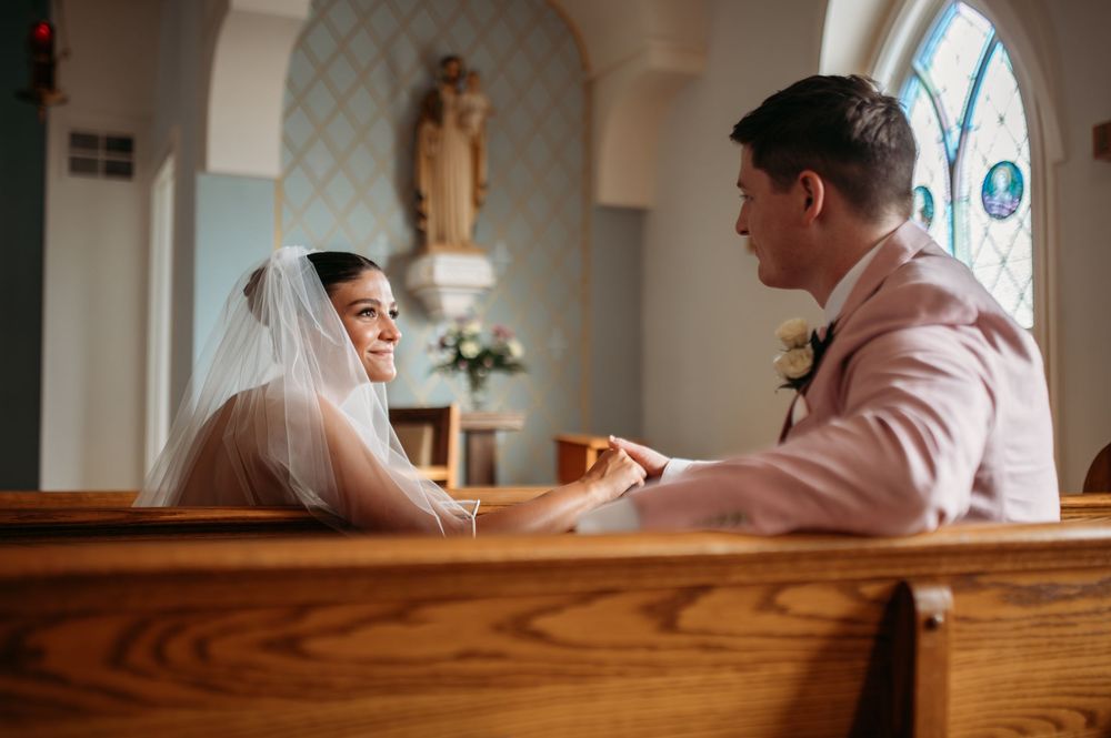 A wedding photography sequence showing intimate moments in church pews during a traditional ceremony.