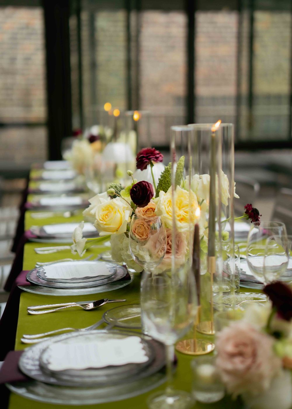 Bold Green and Purple wedding Reception Color Palette Set Up at Morgan's on Fulton. Photo captured by FORGET ME NOT ARTS