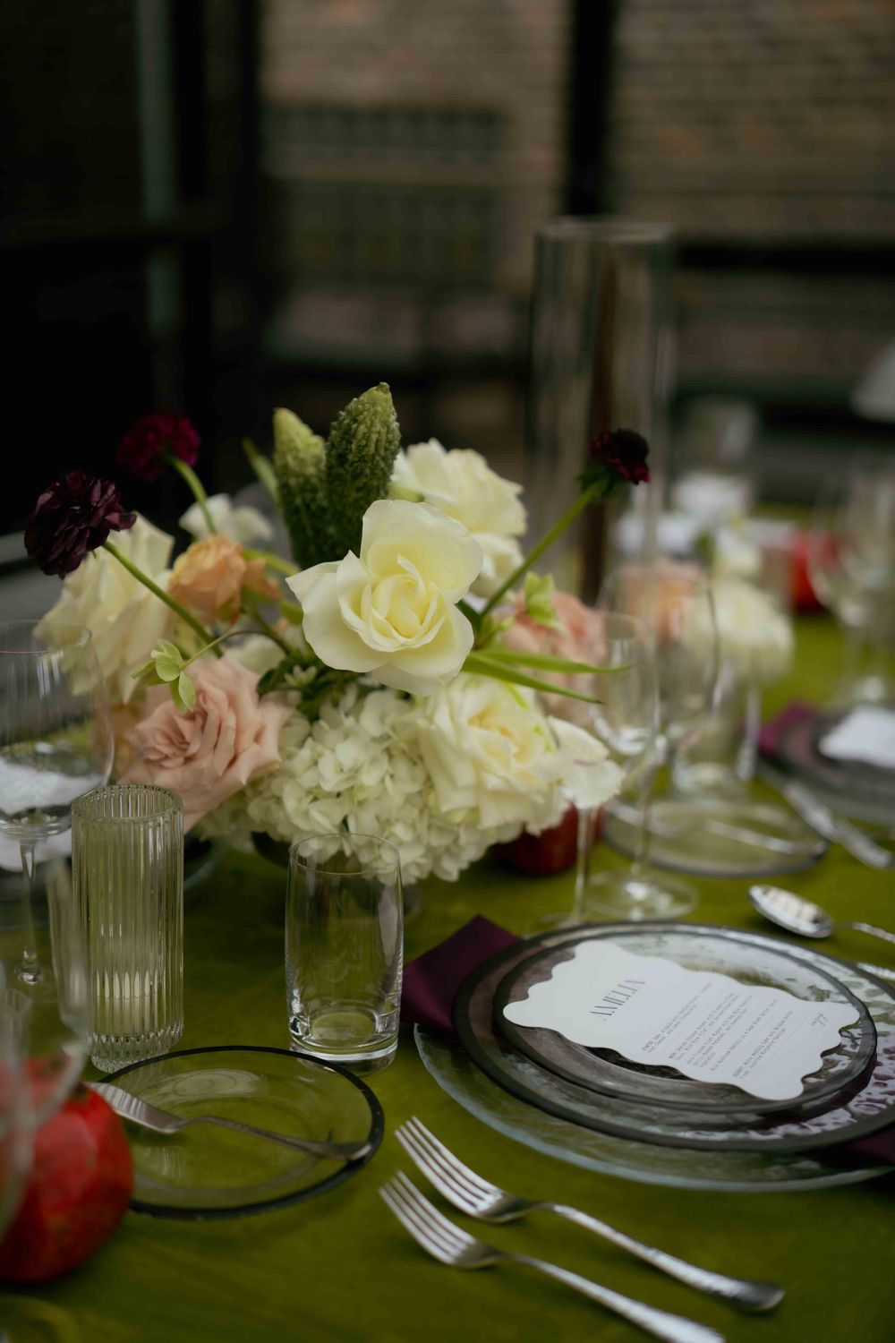 Moody Green and Purple Wedding Color Palette Set Up at Morgan's on Fulton. Photo captured by FORGET ME NOT ARTS