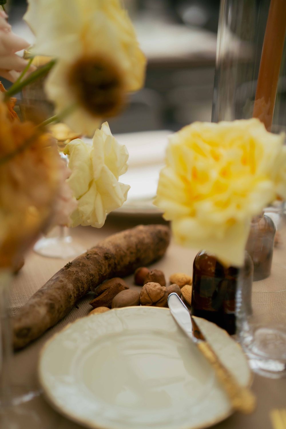 Wedding Decor Details of Nuts and Roots at the Dinner Table at Morgan's on Fulton. Photo captured by FOR