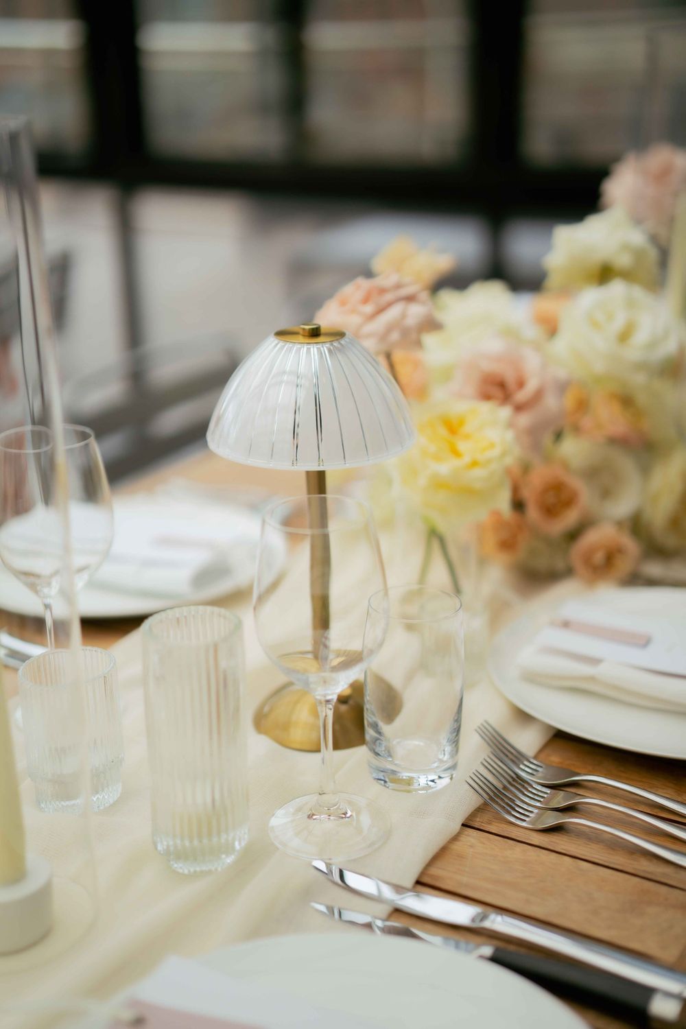 Wedding Table Decor Example of an LED Lamp at Morgan's on Fulton. Photo captured by FORGET ME NOT ARTS