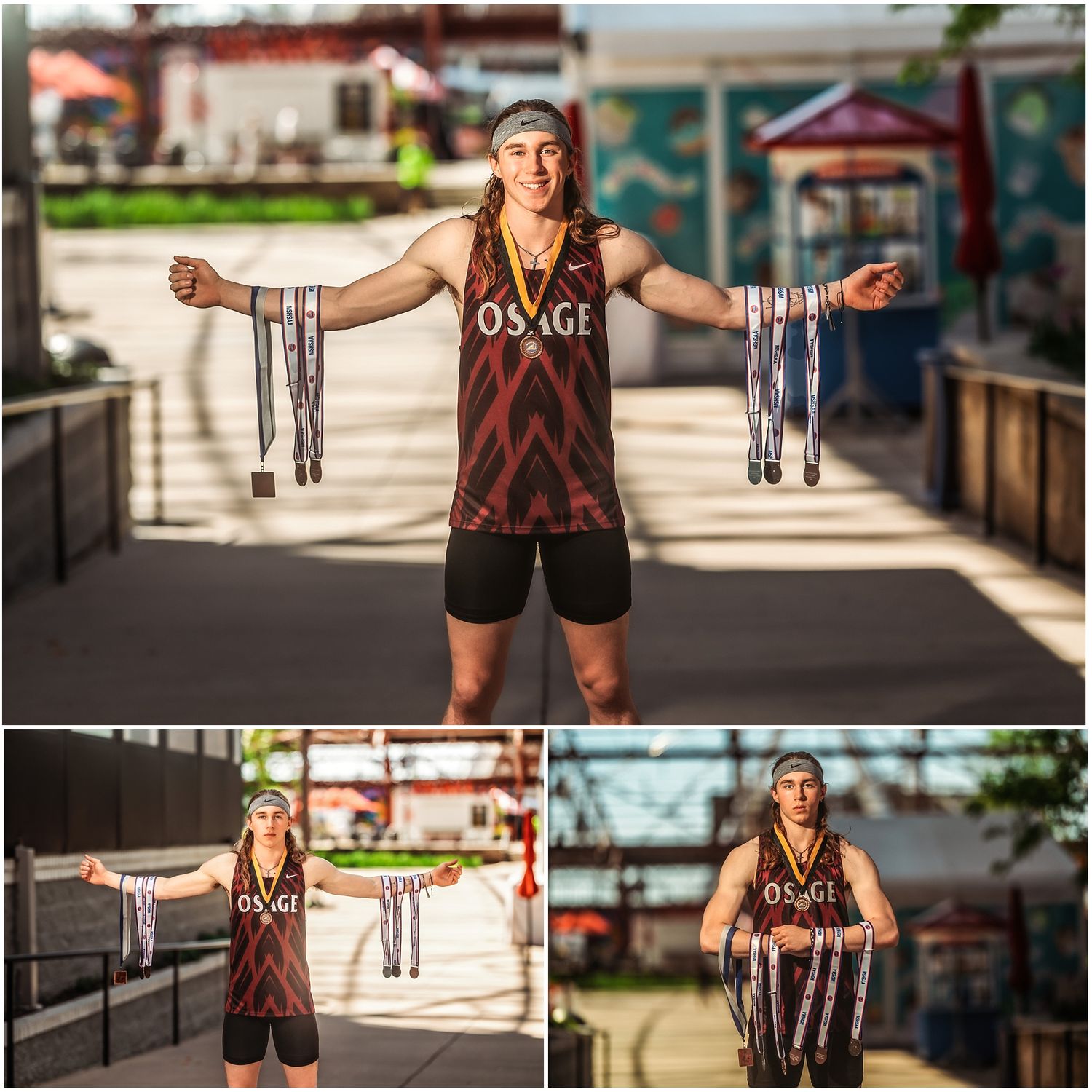 Athlete in Osage jersey tank and black shorts holds up medals while standing on outdoor walkway.