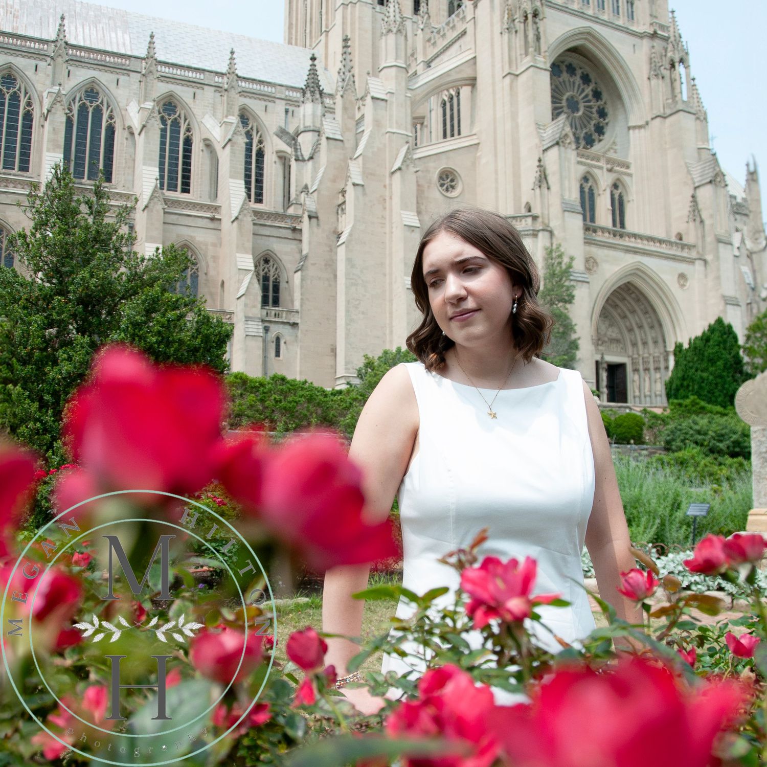 Red roses bloom in front of the ornate Gothic architecture of Washington National Cathedral on a sunny summer day.