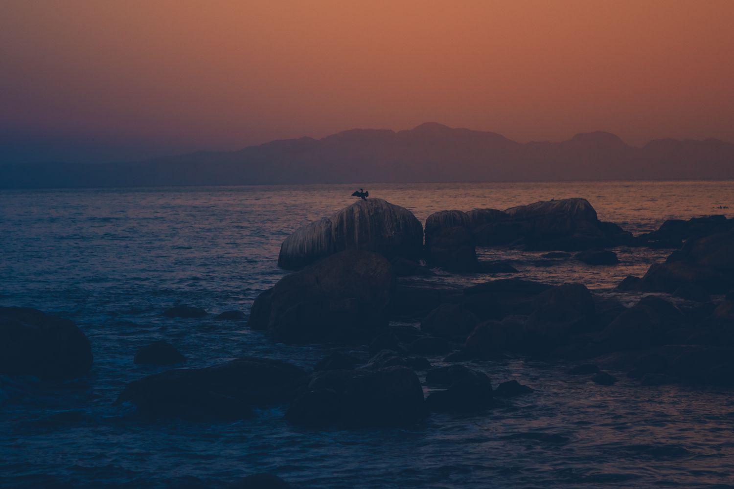 Rocky coastal landscape at dusk with dark silhouetted rocks against a purple-hued ocean and mountain backdrop.