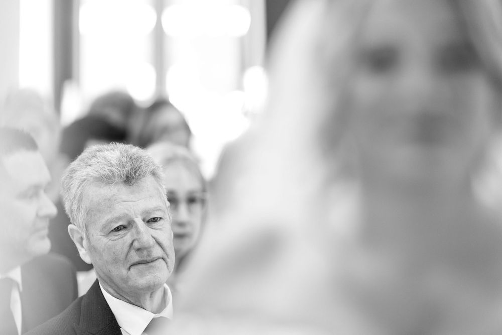 Father of the bride watching emotionally during the ceremony at the Village Hotel, Portsmouth.