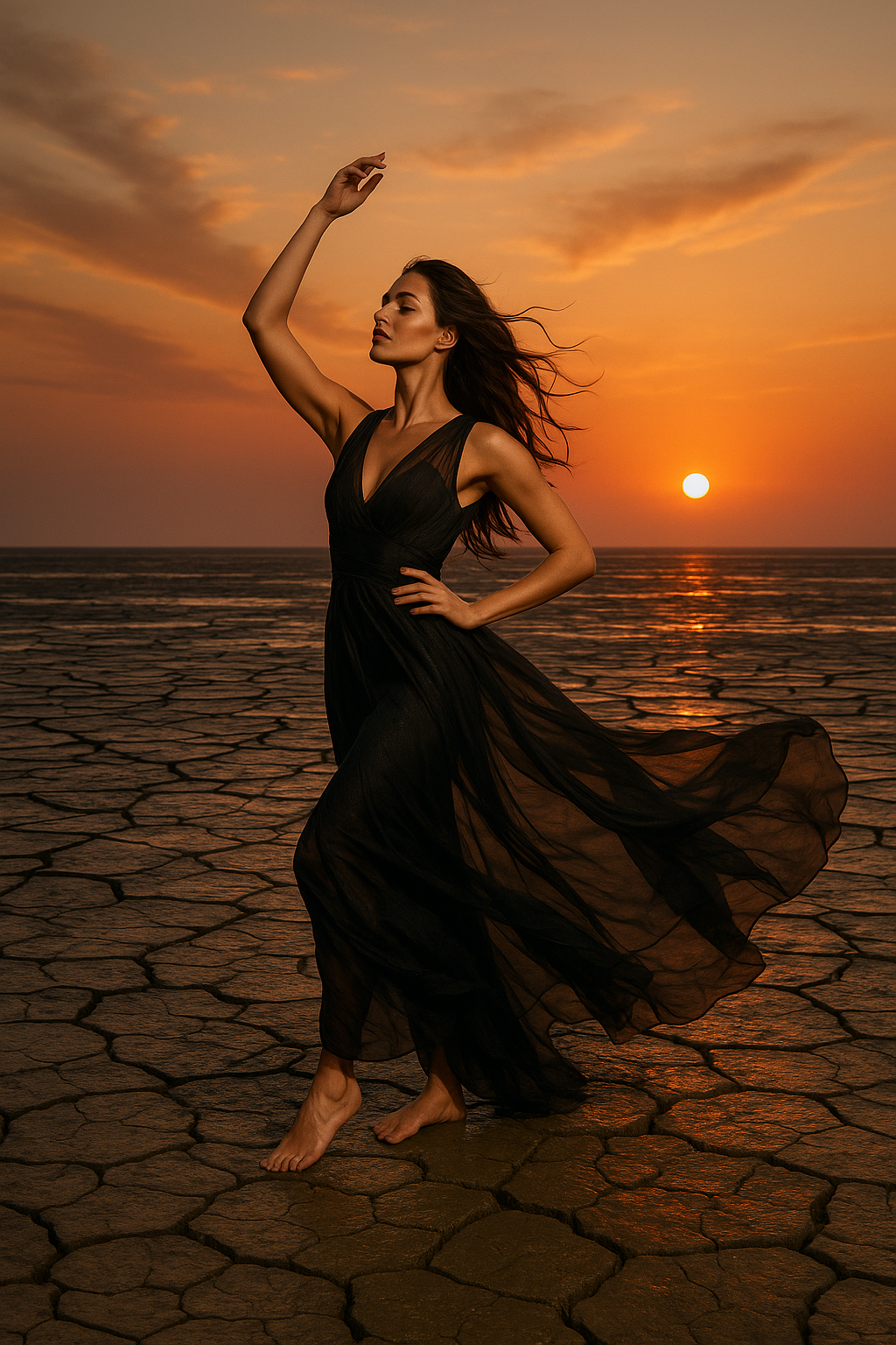 fotografie workshop koehoal met model bij zonsondergang, fashionshoot