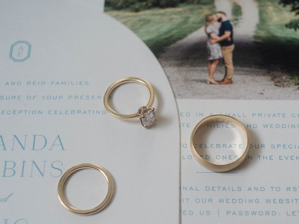Portrait of wedding rings on top of wedding invite and save the date
