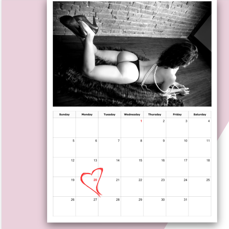 Calendar featuring a boudoir photo of a woman's booty while she is covered in pearls