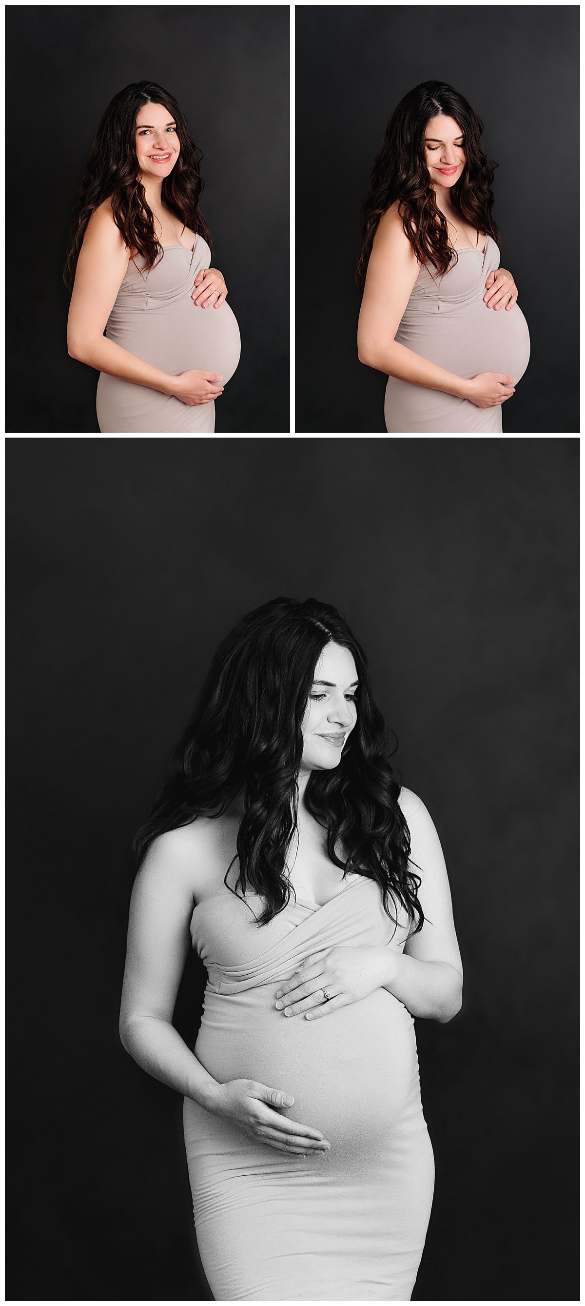 kansas city maternity photographer pregnant woman in gray dress on black background
