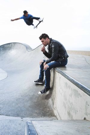 Actor Christian James Diesel Leather Biker Jacket Converse Venice Skate Park California James Dean Tom Ryen Skate Board