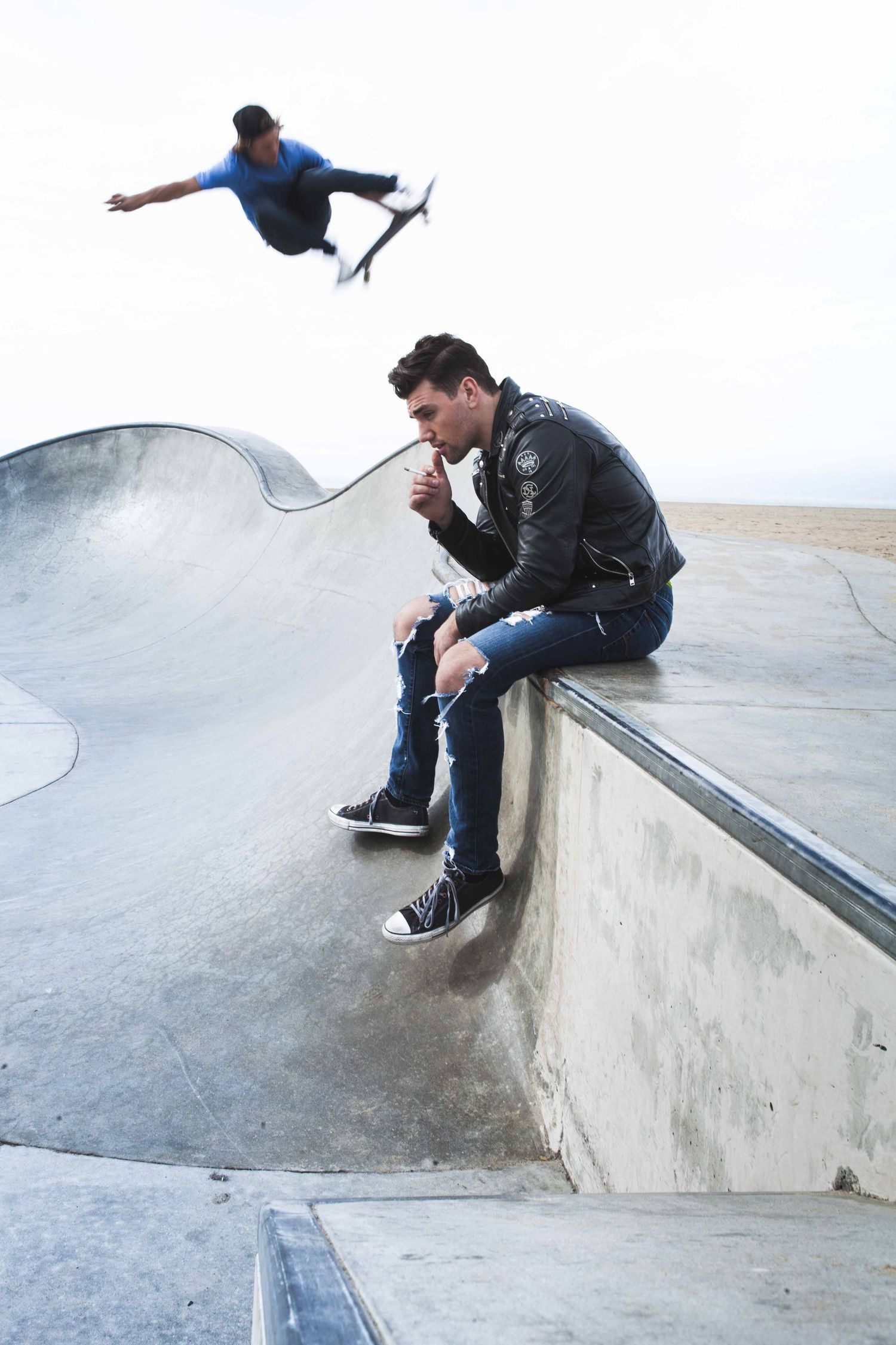 Actor Christian James Diesel Leather Biker Jacket Converse Venice Skate Park California James Dean Tom Ryen Skate Board