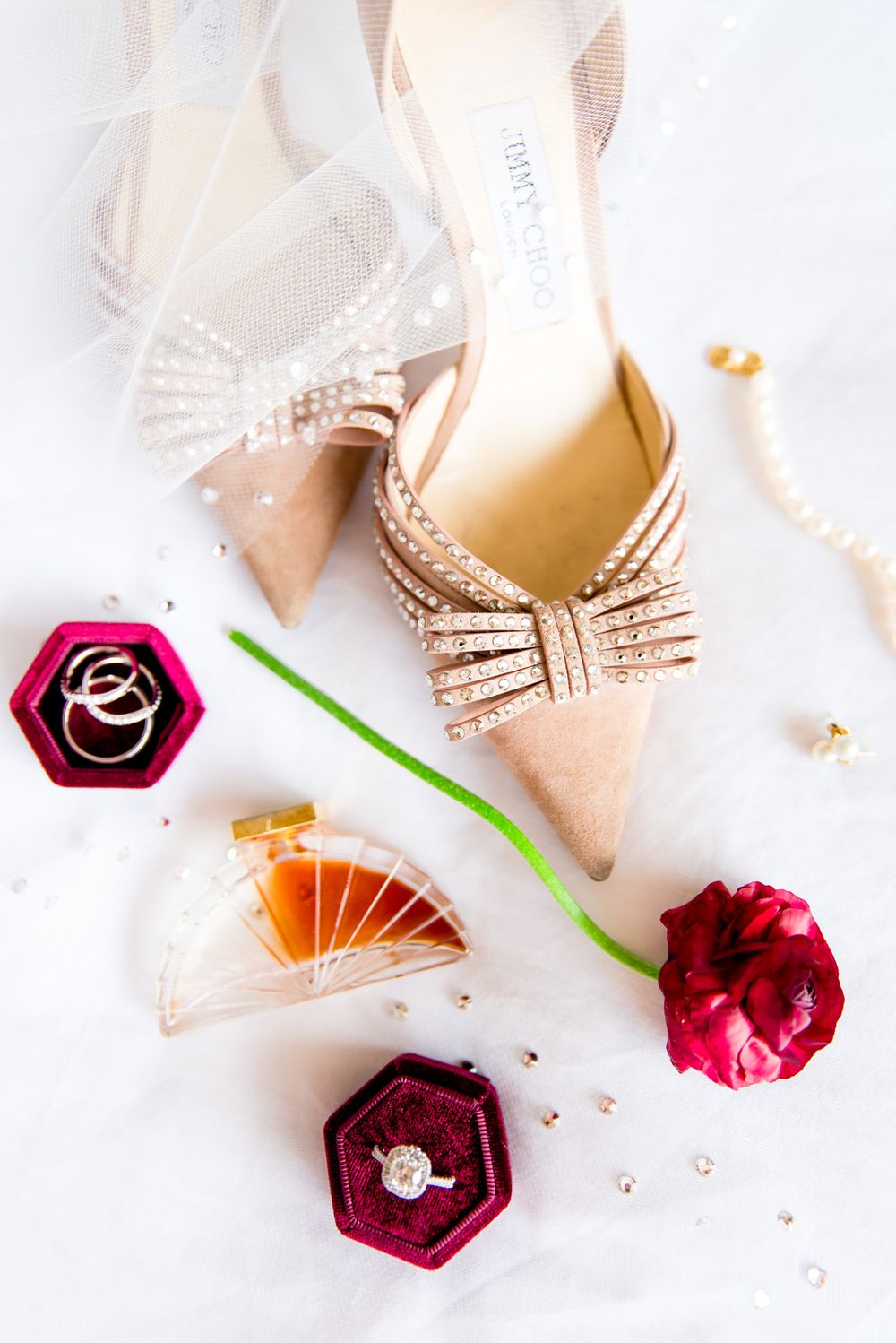 fall chicago wedding accessories, vintage perfume bottle and fresh cut burgundy flowers