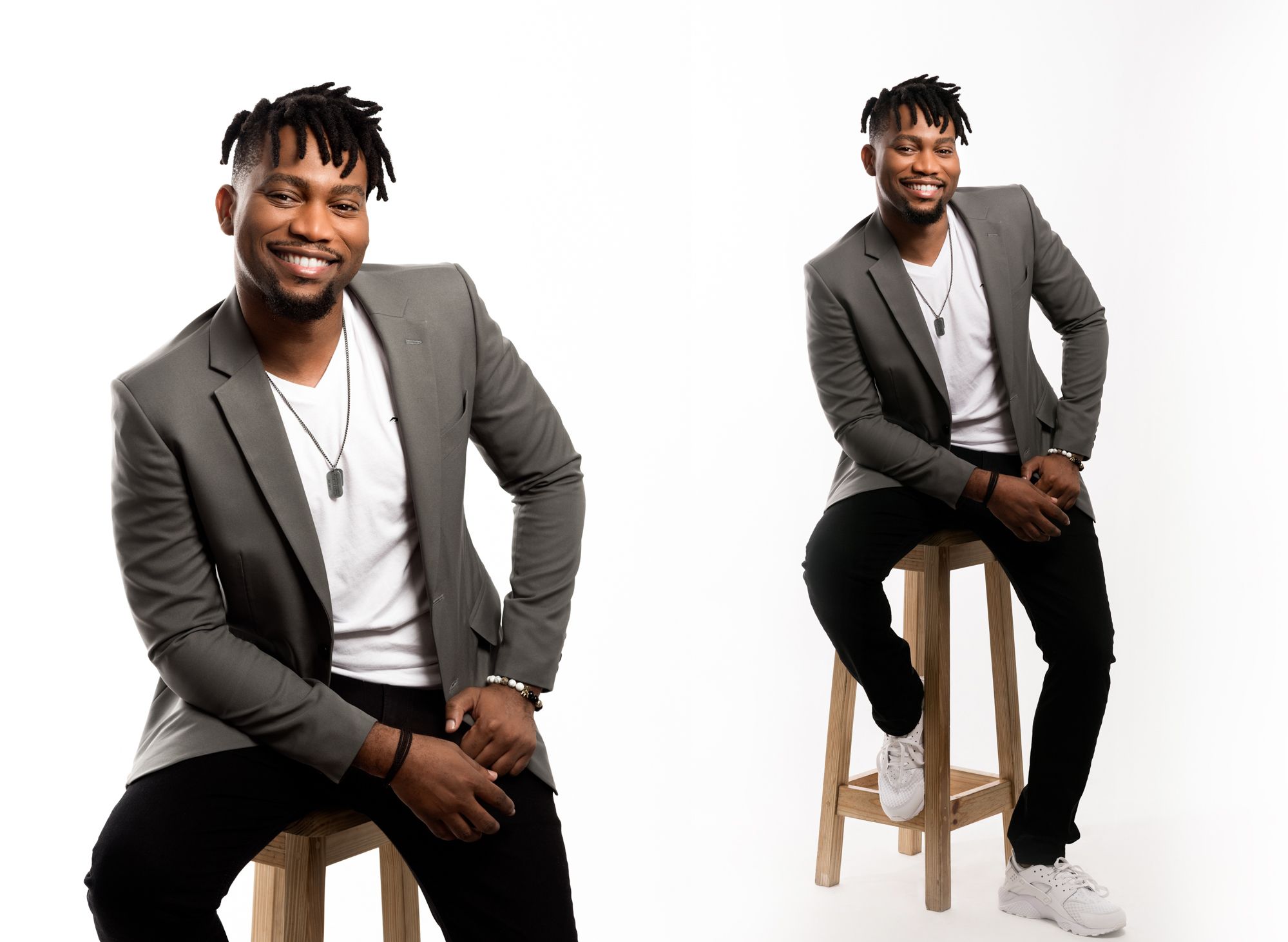 Portraits of Logan C Thomas' client sitting on a stool in a relaxed posture at his photography studio near Bridgetown.