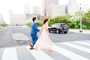 downtown Chicago Michigan Ave Grant Park engagement pictures running across street