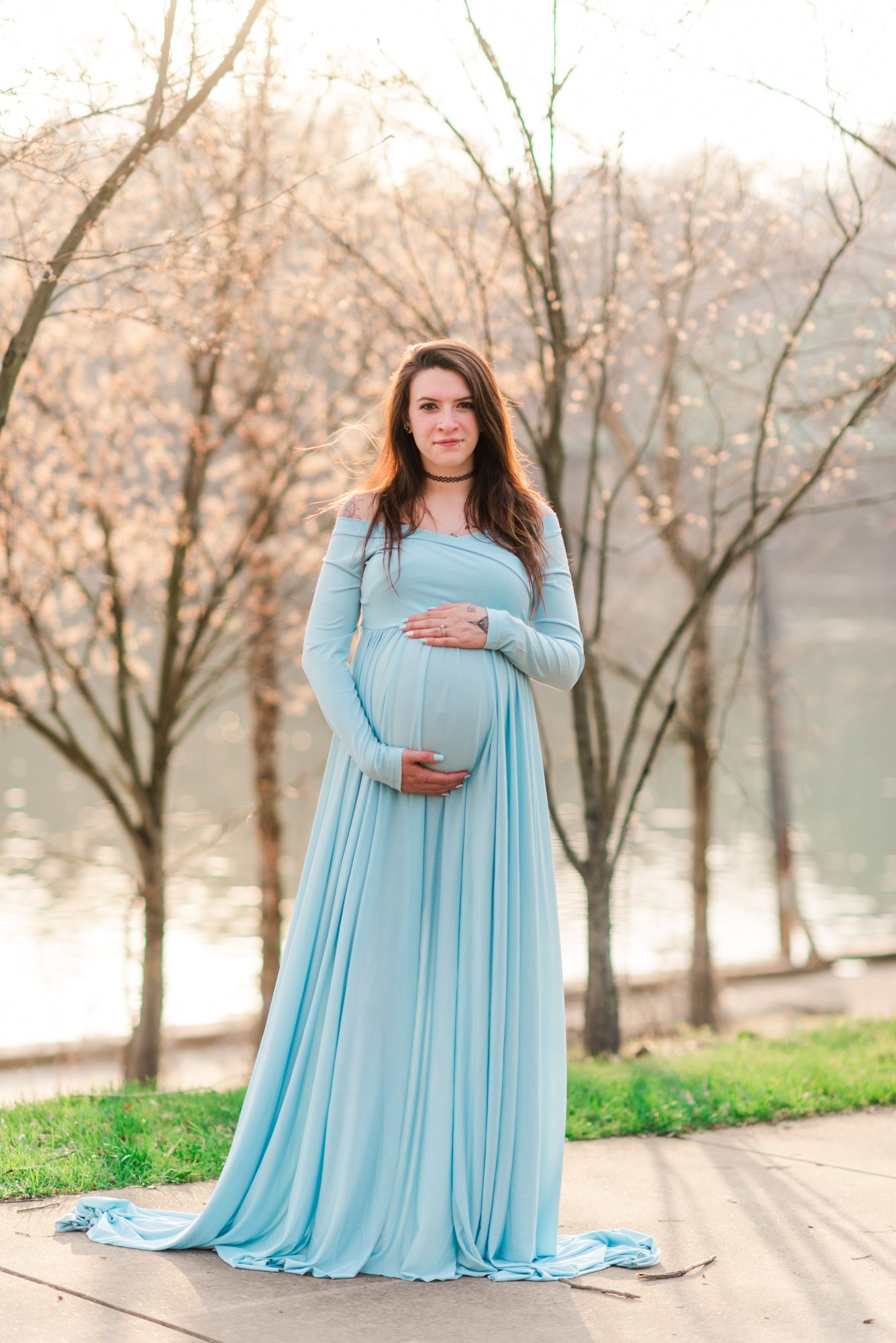 Maternity photos with flowing dress in golden hour in Kittanning, Pennsylvania