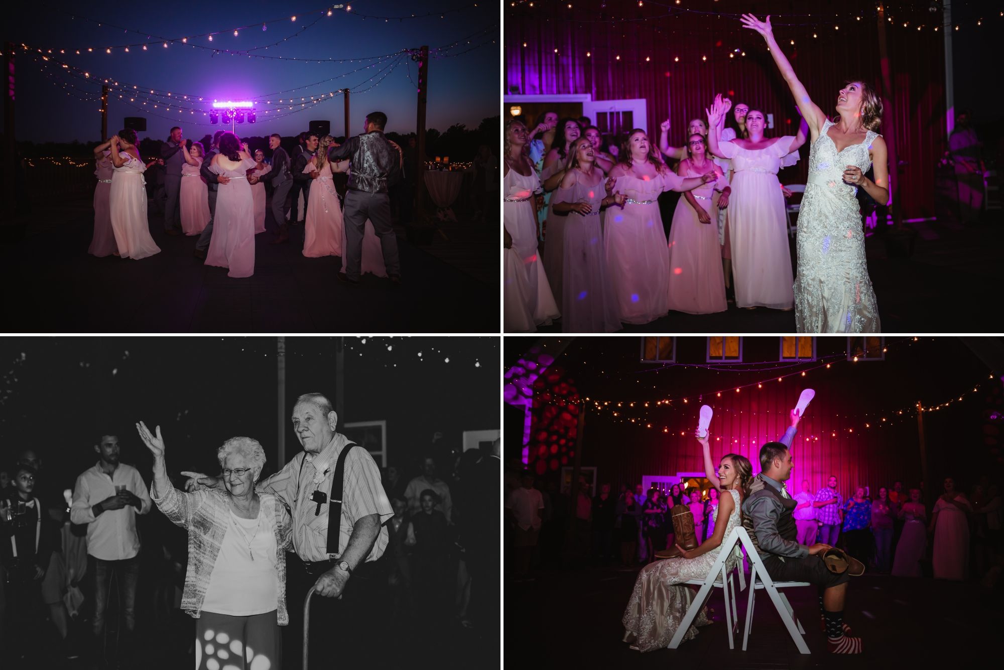 Collage of dancing, bouquet toss, anniversary dance, and show game on the deck at night with strung lights.
