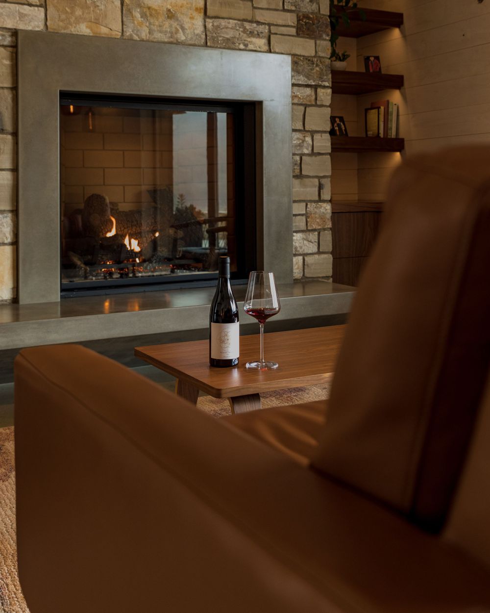 wine in front of couch at Peake Ranch in Santa Barbara Wine Country