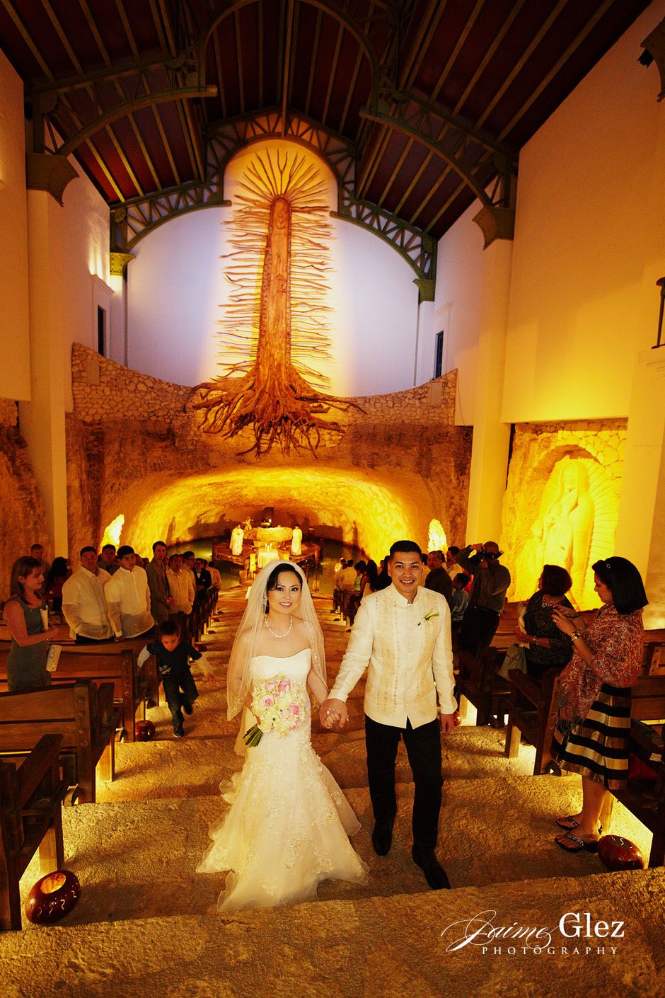 beautiful bride and groom at Xcaret chapel
