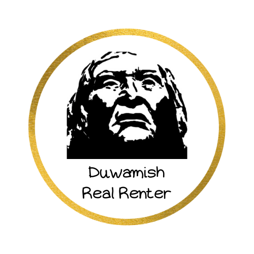 Stylized Native American portrait with text 'Duwamish Real Renter' in gold-bordered circle.