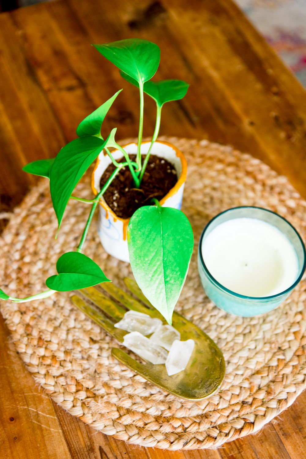 pothos plant sitting on wicker placemat with blue candle