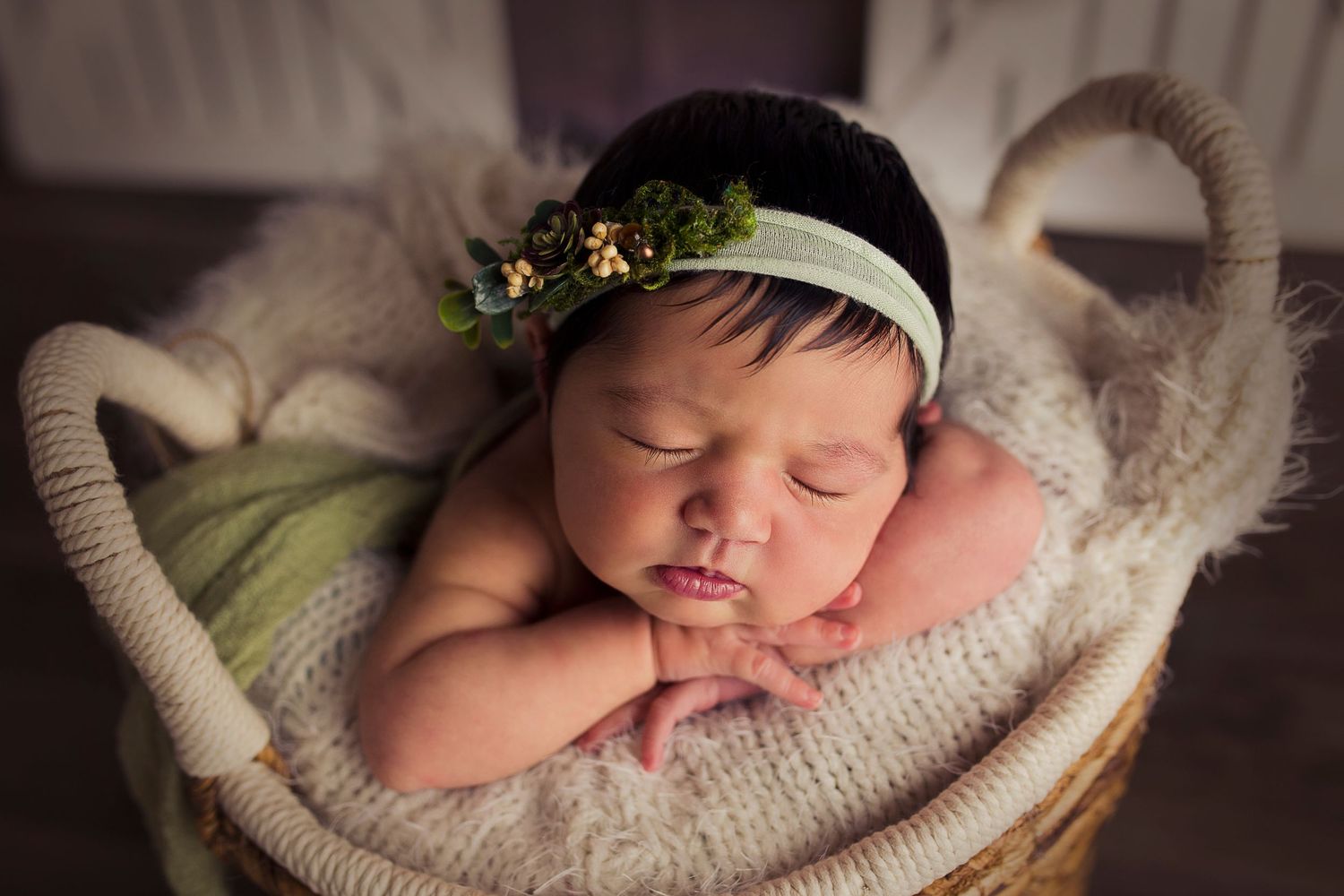 close up of baby girl in a basket greenery detres photography
