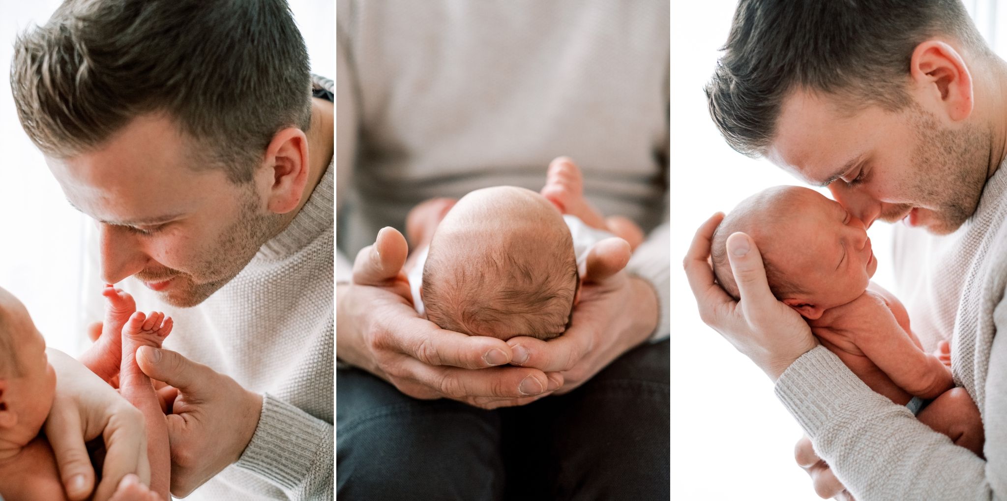 Vater küsst Babyfüße, hält und kuschelt seinen Sohn