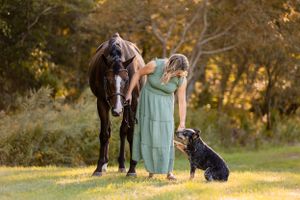 Girl horse and heeler dog golden hour sunset portrait candid moment