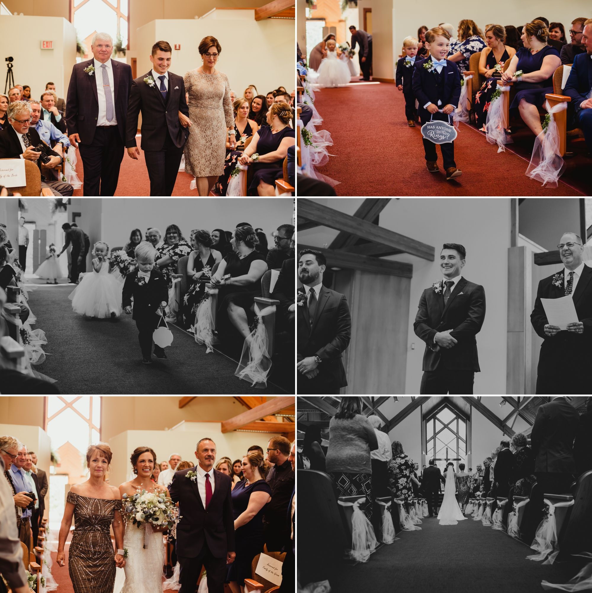 Collage of ring bearers, flower girl, bride, and her parents all walking down the aisle.