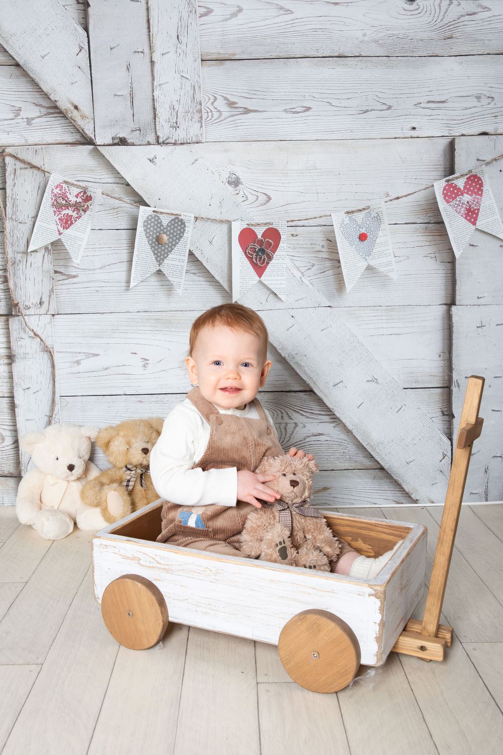 little boy holding a teddy sat in a cart