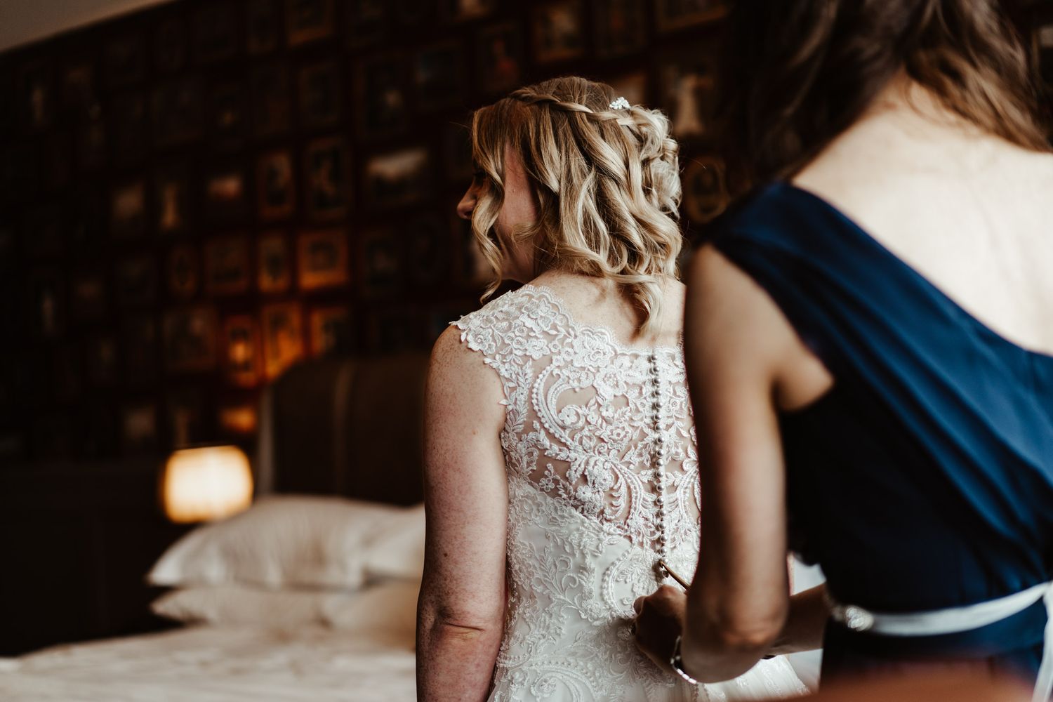Hook and eye closure on bride's wedding dress